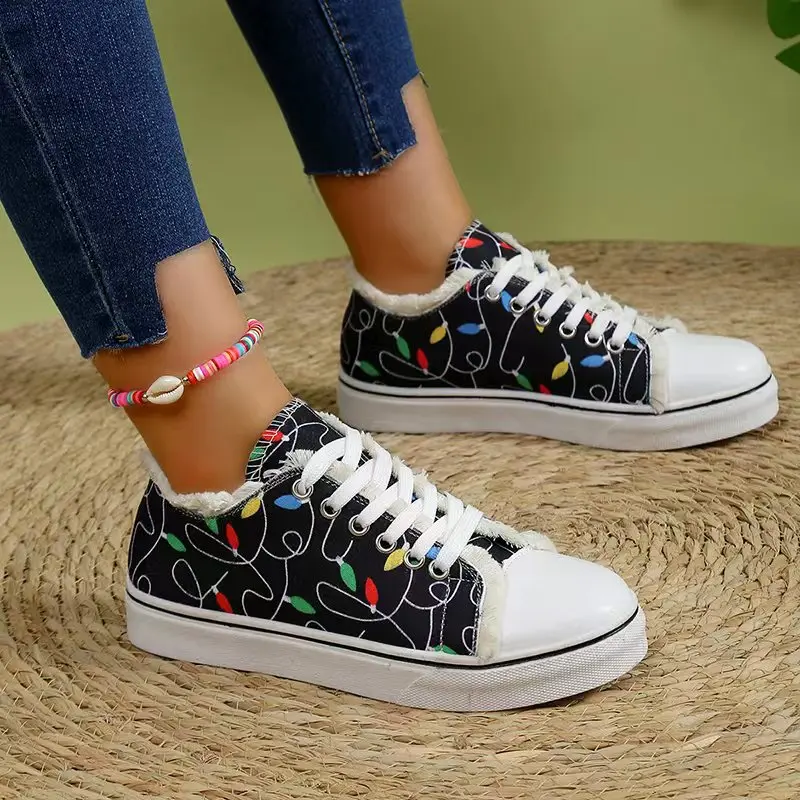 Spring New Women\'s Cartoon Graffiti Casual Canvas Shoes Fashion Lace-Up Woman Breathable Round Toe Sneakers Lightweight Female