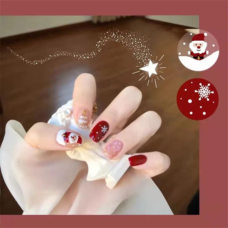 Santa Claus Wears Nail Enhancements Short Christmas Nail Enhancements Women False Nail Products Removable 24 Nail Tips