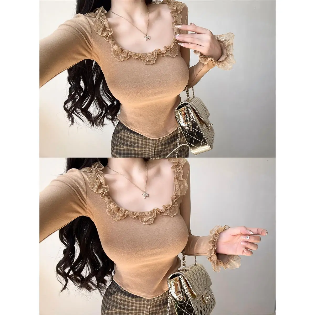 

Oversized Autumn Casual Korean Ruffles Solid Color O-neck Long Sleeve T-Shirts Female All-match Patchwork Top Tee Women Clothes