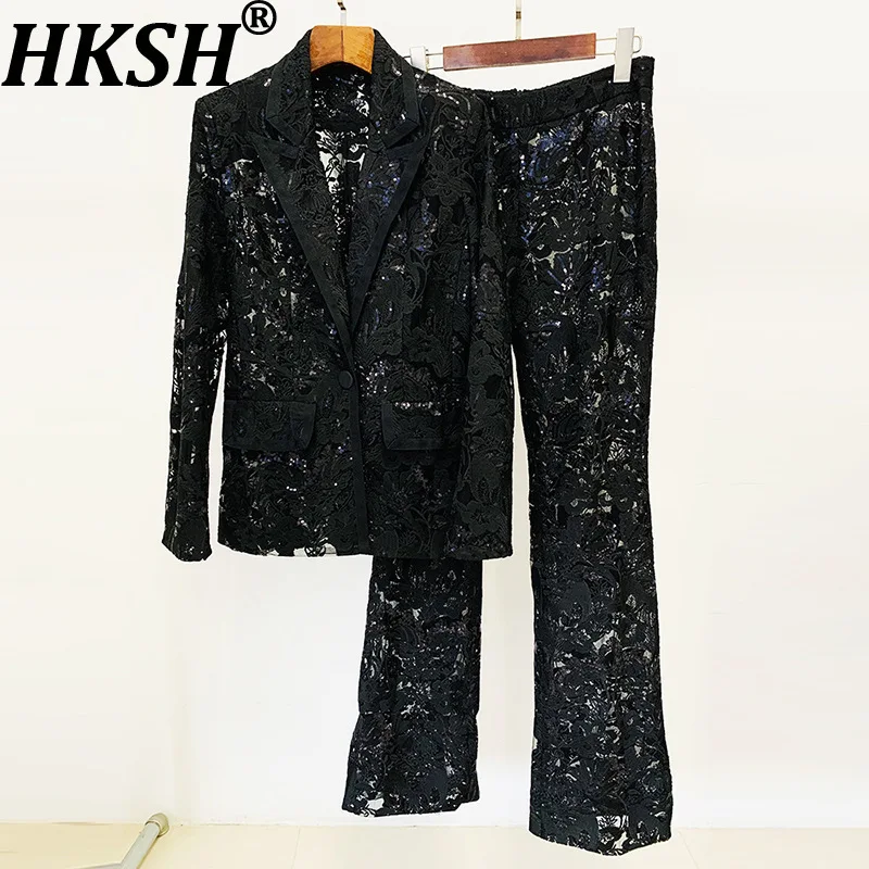 HKSH Spring Autumn New Women's Two-piece Set Notched Collar Mesh Embroidery Sequined Trendy Blazer Elegant Pants Fashion HK16011