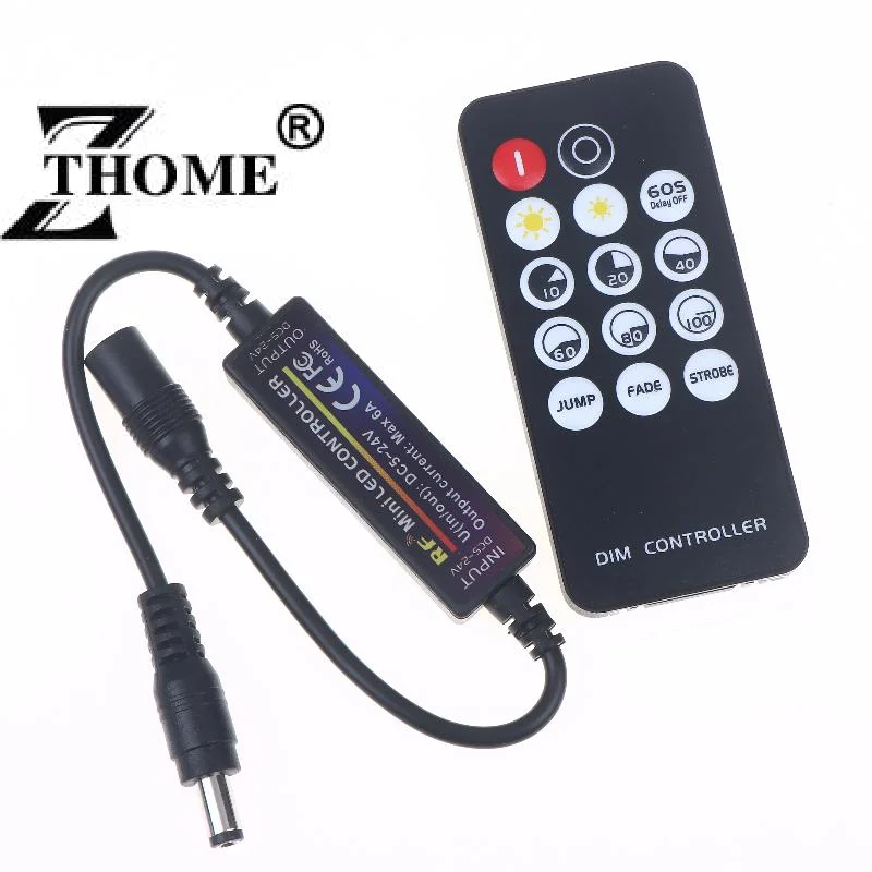 DC 12V 24V 5V 6A 14Keys LED Dimmer Control with 2.4G RF Mini Wireless Remote, Suitable for 2835 5050 Single Color Strips