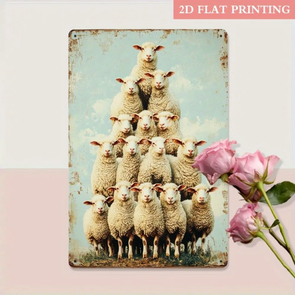 Vintage Stacked Sheep Metal Sign, Rustic Farm Animal Wall Art on Weathered Blue 8x12 Inch for Farmhouse, Garden & Patio Decor