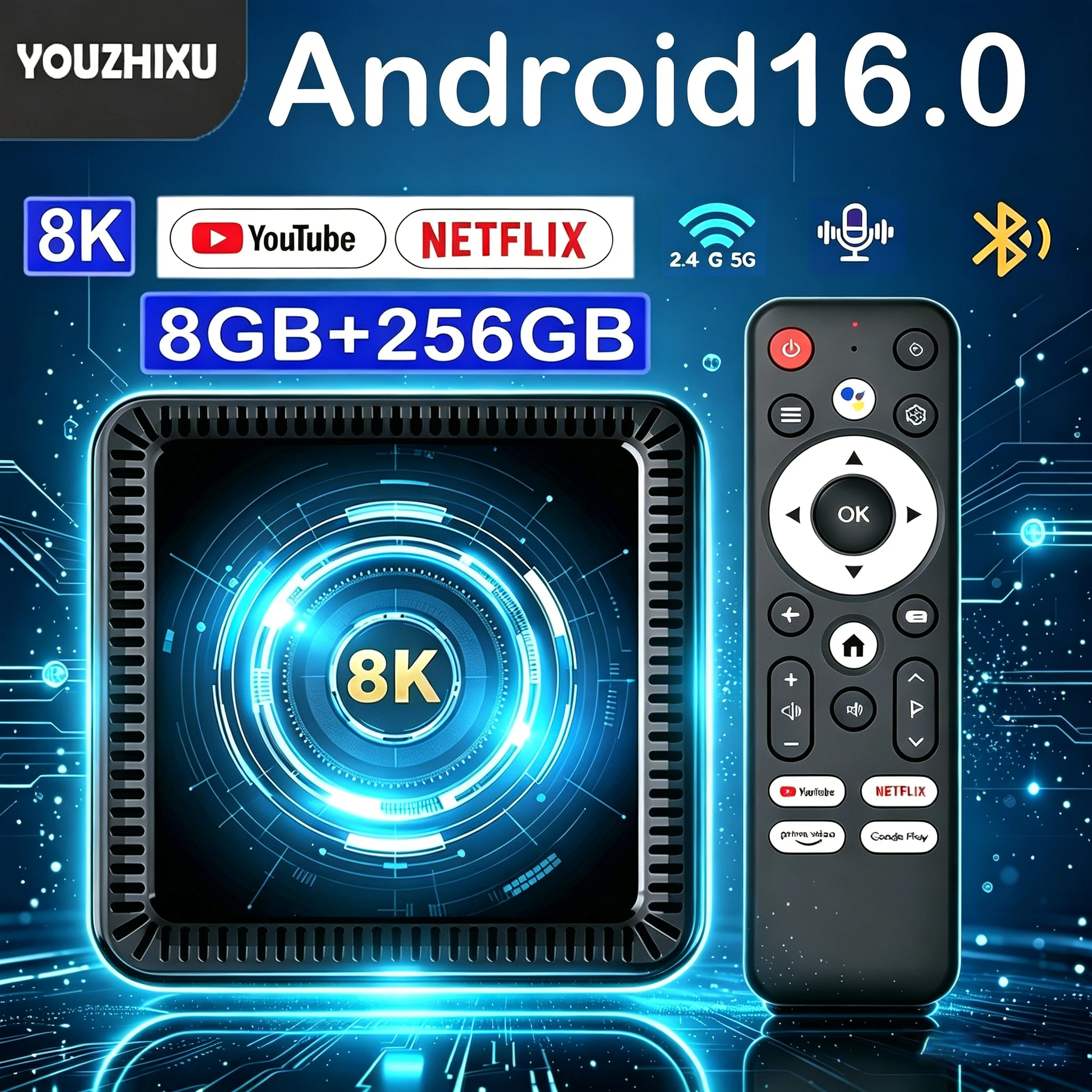 YOUZHIXU Android 16.0 Smart TV Box 8GB RAM 256GB ROM 8K Dual WLAN Bluetooth Sprachfernbedienung Media Player Box Set-Top-Box