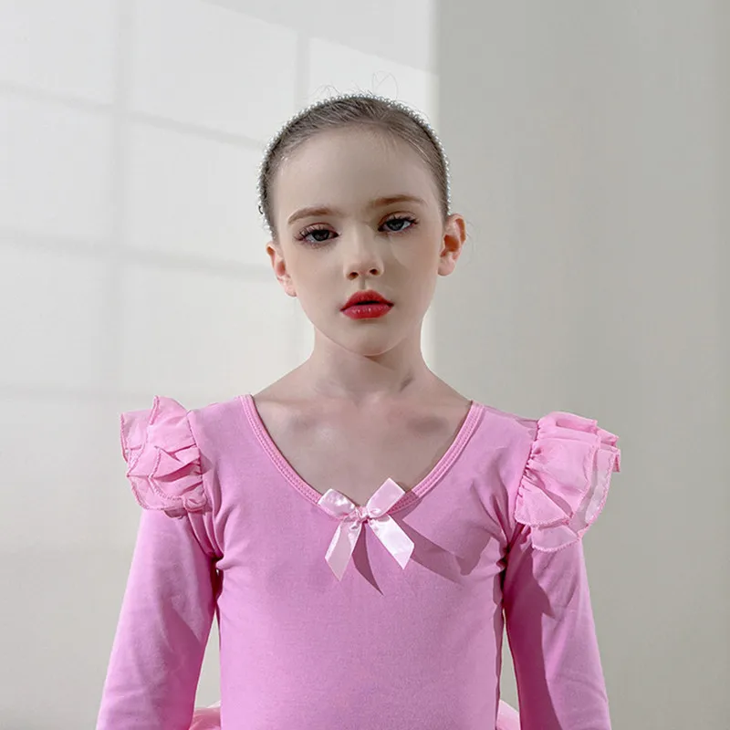 New Ballet Dancewear Girl Cute Tutu Dress Long Sleeve Leotard Ruffle Neck Swan Lake Party Costumes Ballerinas Front Lined Pink