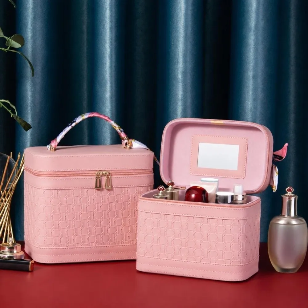 Stylish Portable Makeup Bag with Gift Scarf Large Capacity Cosmetics Storage Box Handle Design Waterproof Styling Bag