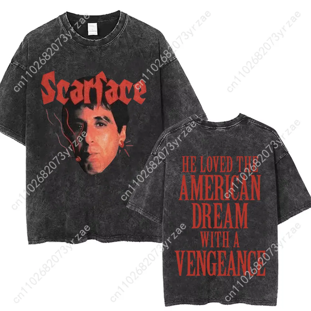 Scarface Retro Wash Tshirt 남자 여자 고품질 빈티지 T 셔츠 코튼 반팔 패션 T 셔츠 부드러운 통기성 탑