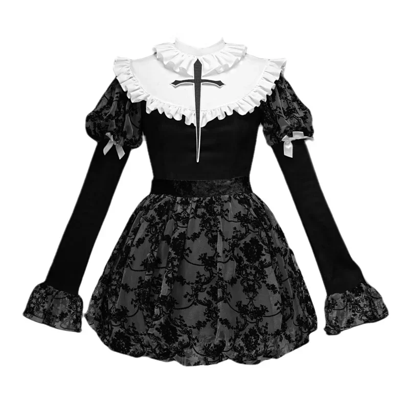 Blood Supply Original Gothic Black Cross Dress Nun Halloween Flocking Long Bubble Sleeve Mesh Rose Mini Dress Autumn Spring