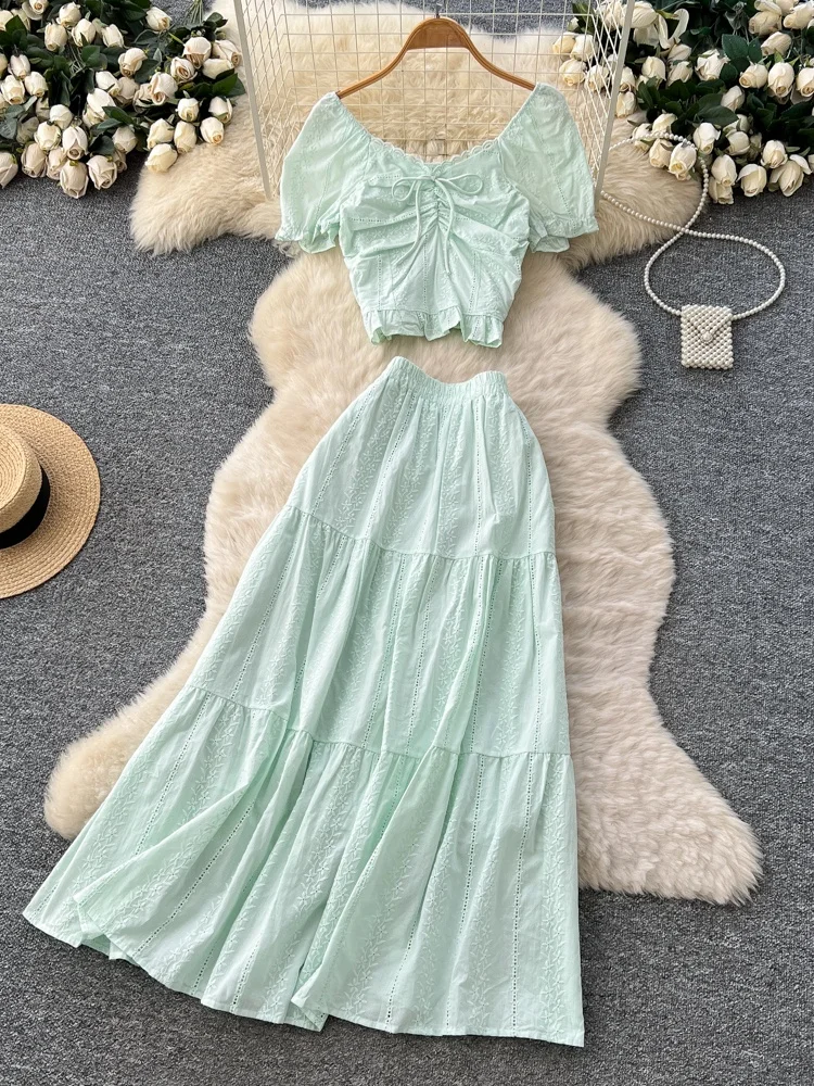 Set da donna di design coreano Faionable Bubble Sve Colletto quadrato Top a vita alta con gonna a vita alta Set da due pezzi