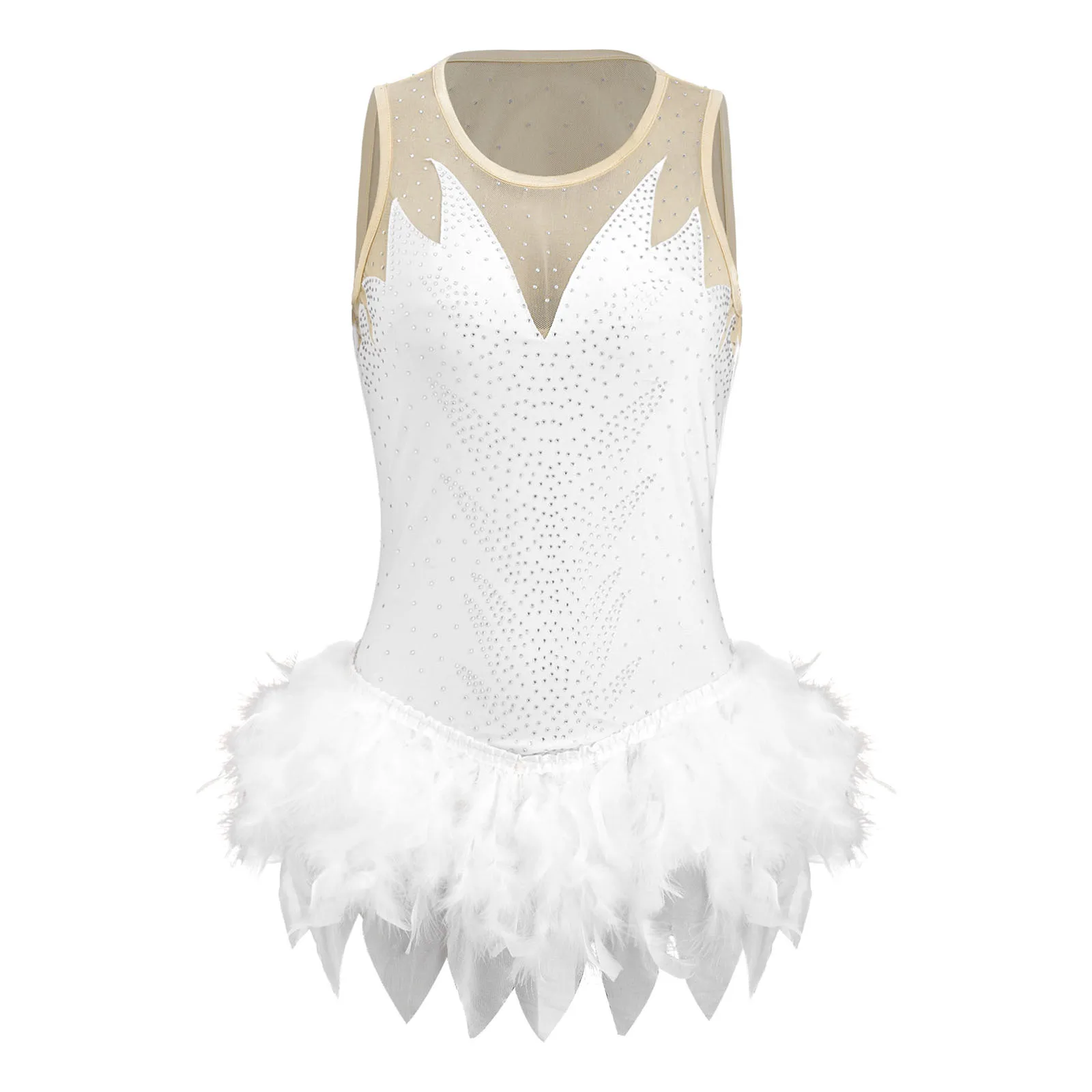 

Women Tutu Dance Feather Skirted Ballet Gymnastics Bodysuits Rhinestones Mesh Leotards Buttons Crotch Dress Performance Costume