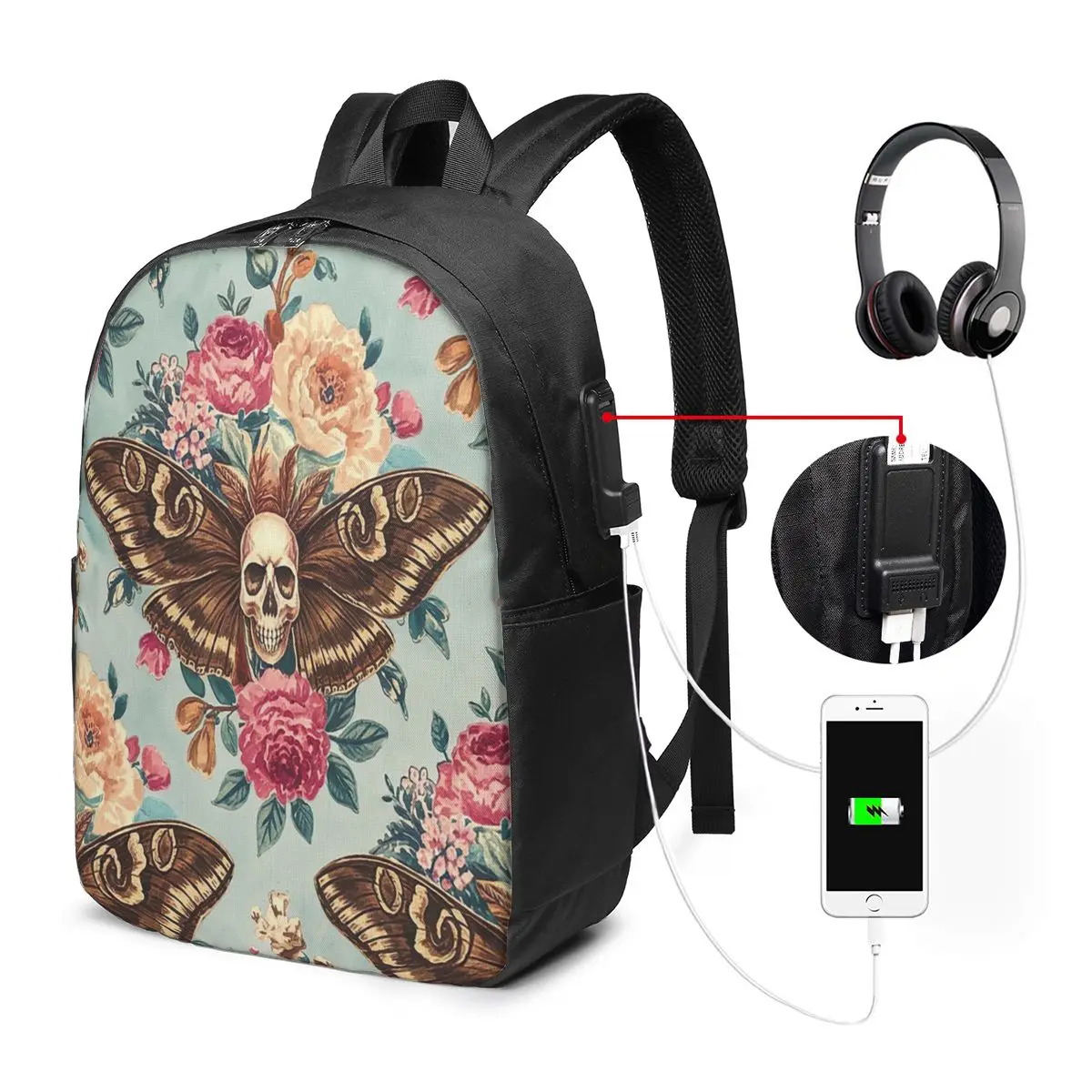 Mystical Gothic Skull Moth And Flower Backpack Travel Notebook Bag Computer College Student School Bag Laptop Shoulder Bags