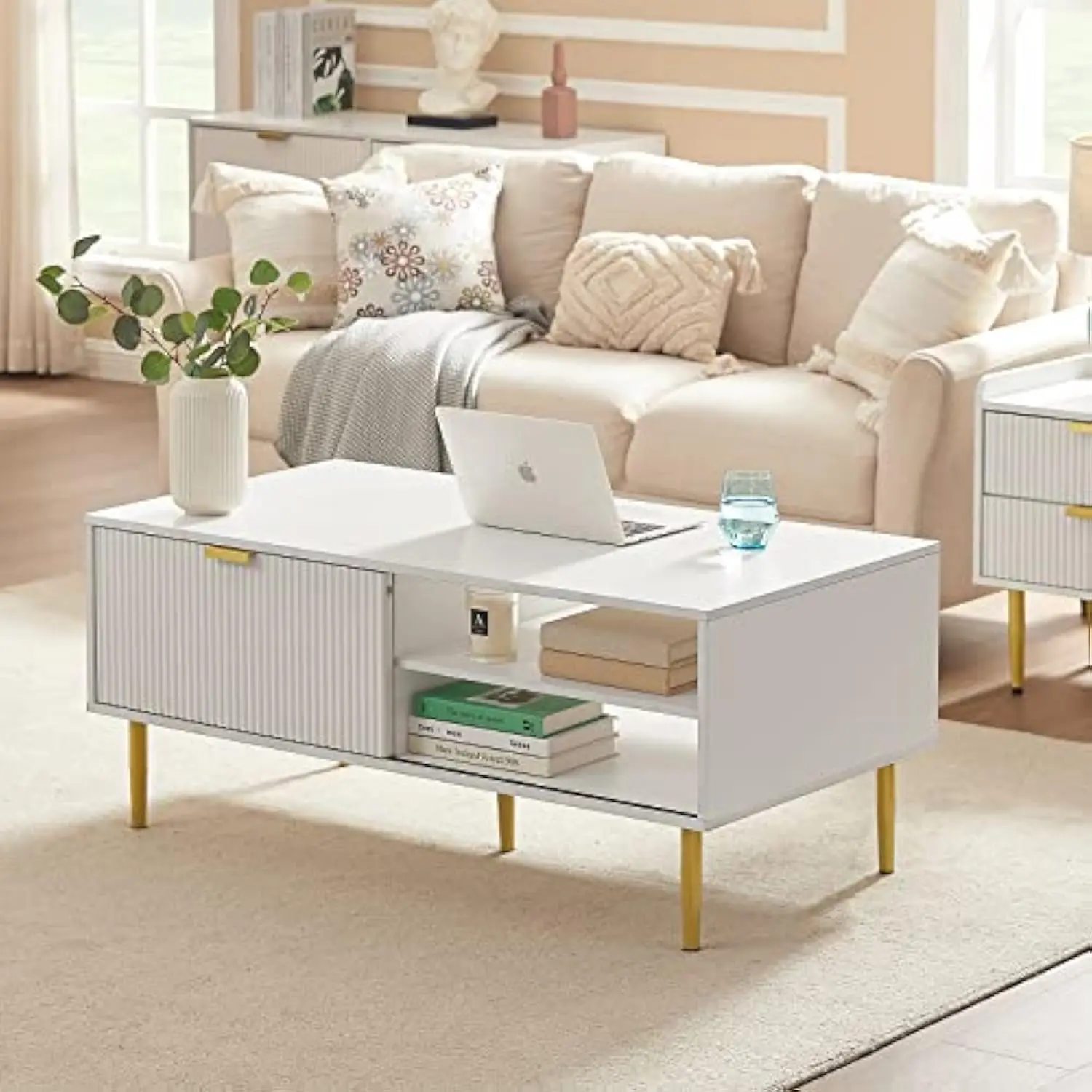 

White Coffee Table, 48 Modern Center Table for Living Room, Cocktail Table w/Waveform Panel Sliding Door Style, Large Storage