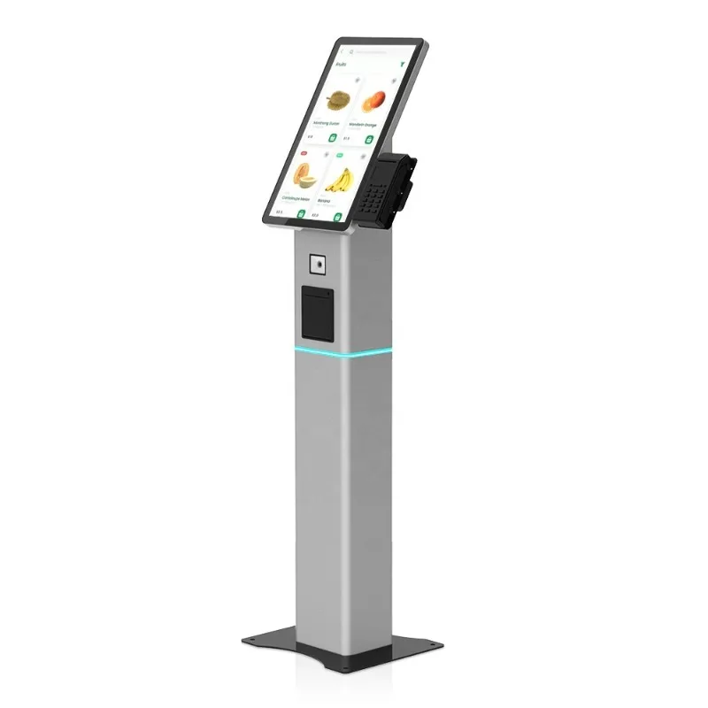 Free-Stand 21.5 Touchscreen Self-Ordering Service Kiosk QR/Passport Scanner POS Slot for Fast Food Ordering Self-Pickup