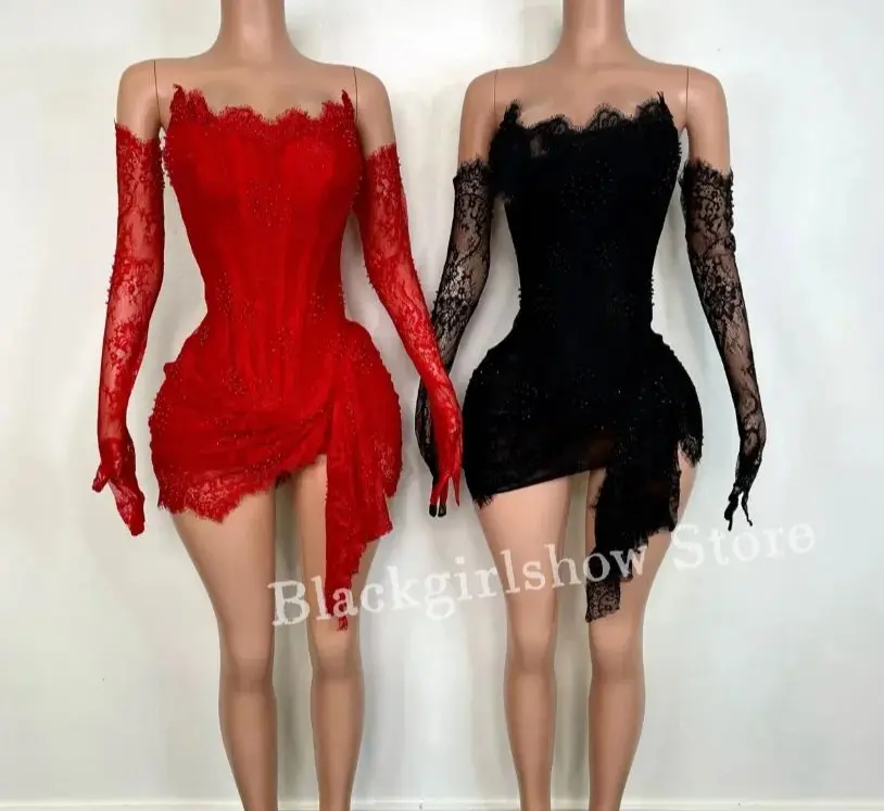 Luxury Lace Short Prom Dresses 2025 Sexy Sheath Lace Tie With Gloves Black Girls Birthday Ball Celebrity Dresses платье вечернее