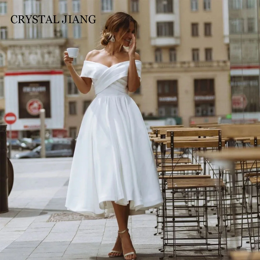 

Simple Short White Off the Shoulder Satin Wedding Dresses Short Sleeves A Line Tea Length Vestidos De Moivas 2024