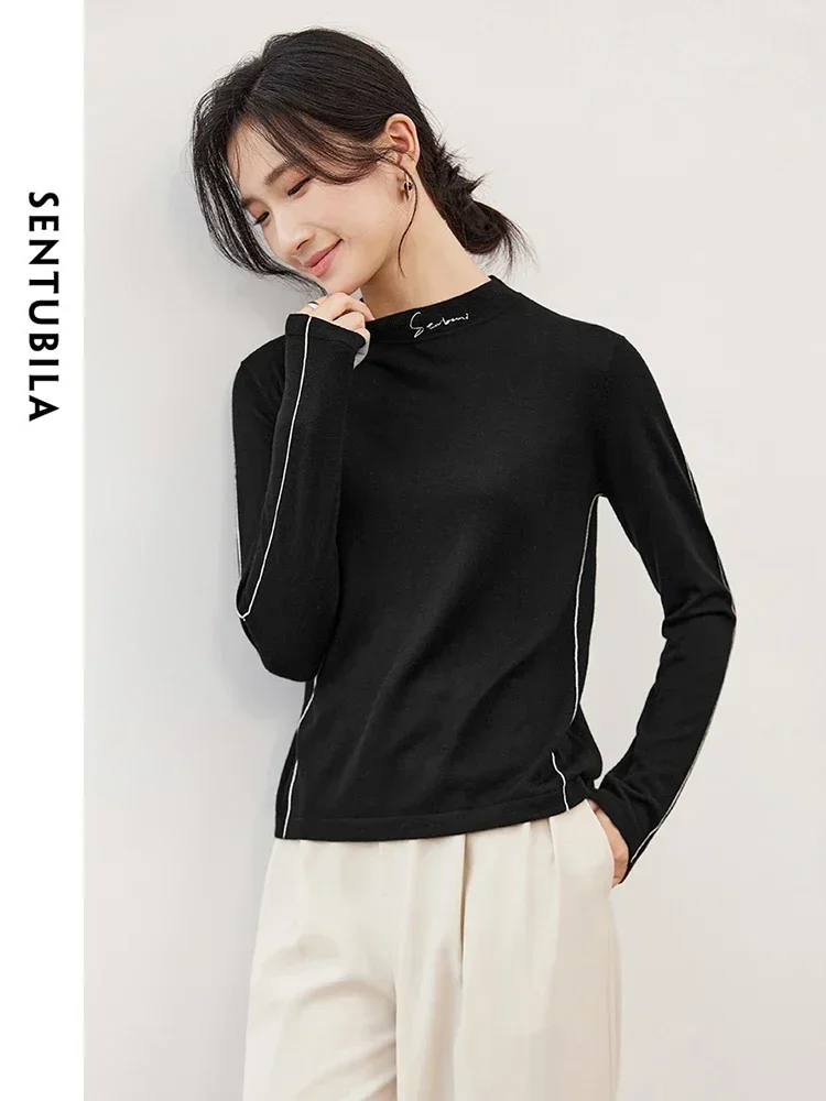 SENTUBILA Patchwork Embroidery Wool Sweater Women's 2024 Autumn Slim Fit Long Sleeve Comfortable Ladies Pullovers W43H56124