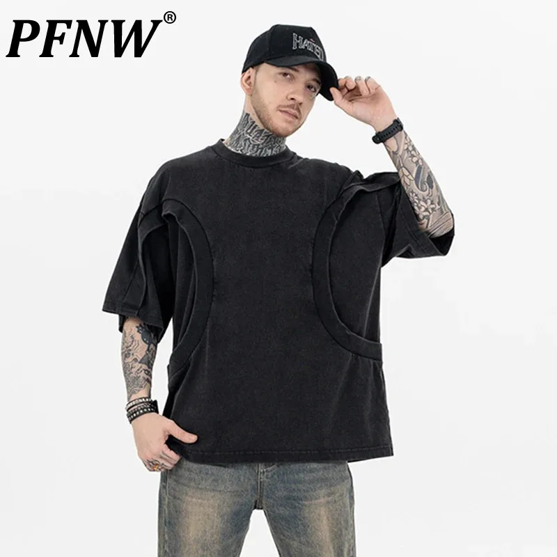 

PFNW Men's T-shirt 2024 New Trendy Splice Structure Design High Street Solid Color Loose Round Neck Casual Pullover 28W3173