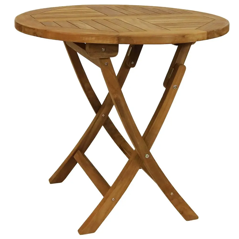 

Round Folding Solid Teak Outdoor Dining Table Light Wood Stain Finish 31 Inches