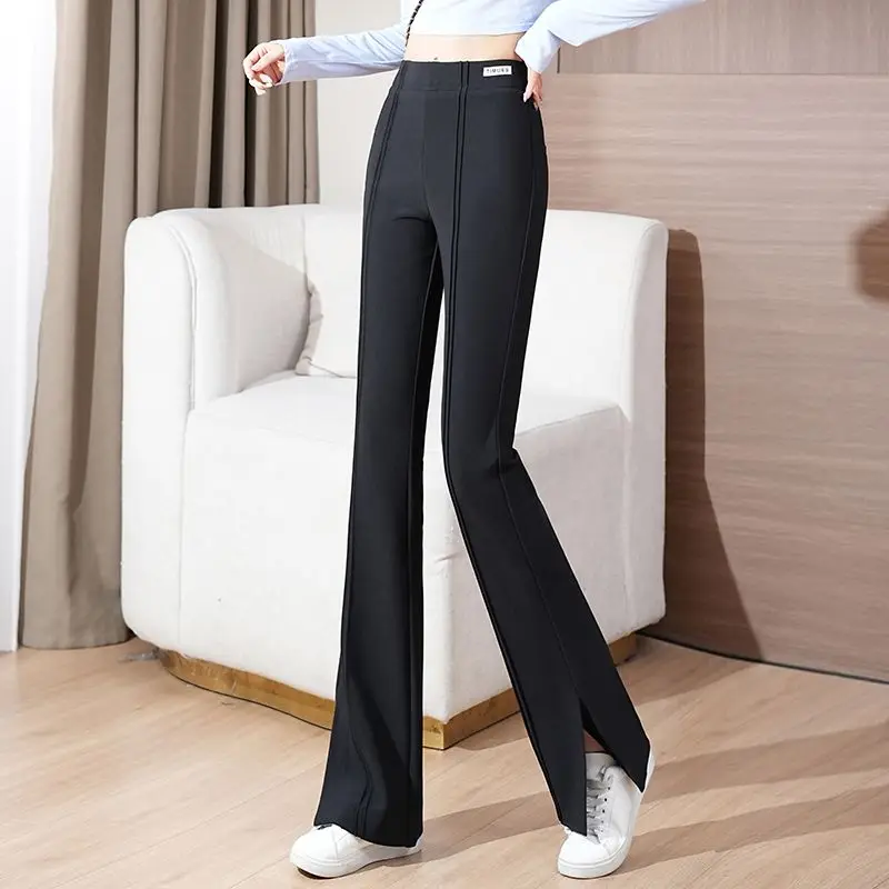 Spring Autumn Casual Fashion Solid Color Oversized Flare Pants Ladies High Waist Elastic Slim Vintage All-match Trousers Women