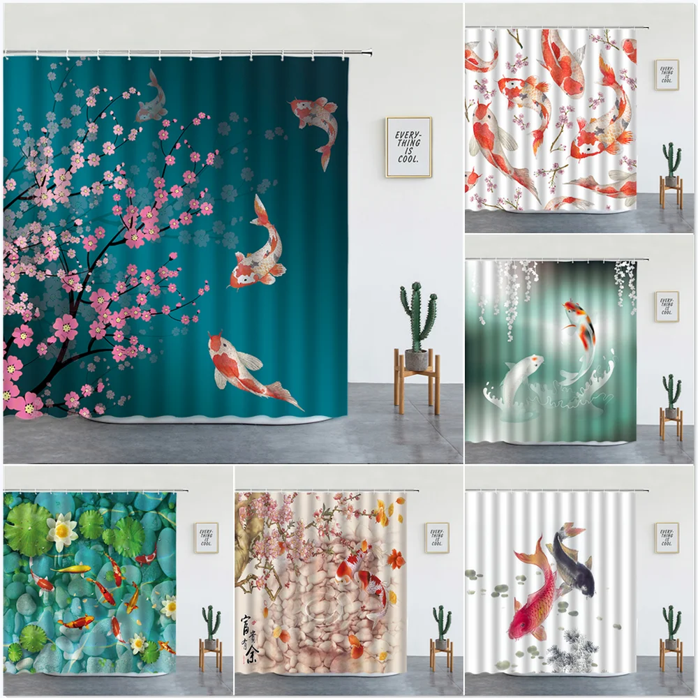 

Japanese Scenery Shower Curtains Koi Carp Fish And Blossom for Bathroom Decor Set Washable Fabric Bath Screen With Hooks