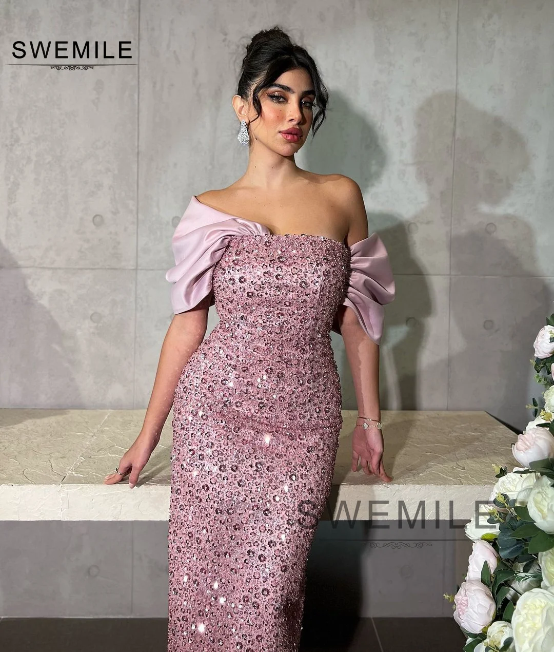 SWEMILE Column Off-The-Shoulder Neckline Sequins Dresses For Special Events Prom Dresses Formal Occasion Dresses Evening Dress