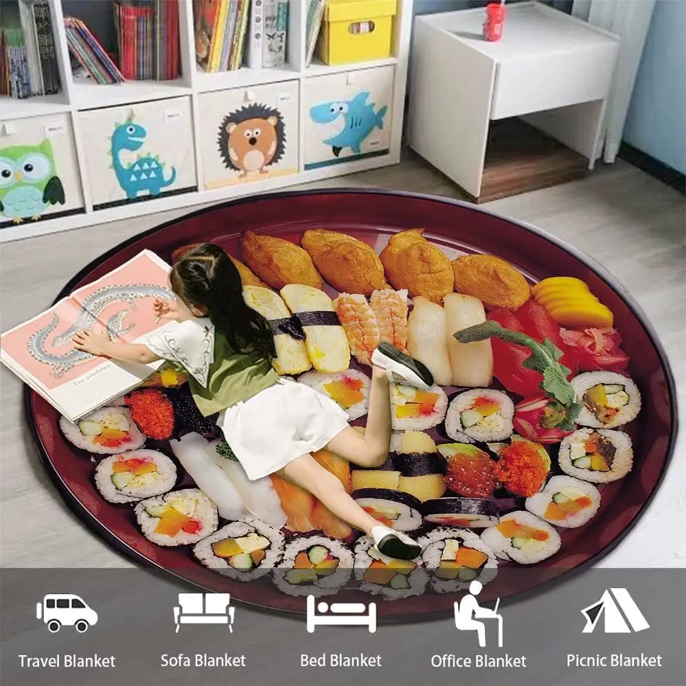 Mixed sushi meat filling,flannel blanket,seafood,Japanese delicious dinner food,sofa, super soft and lightweight children's gift