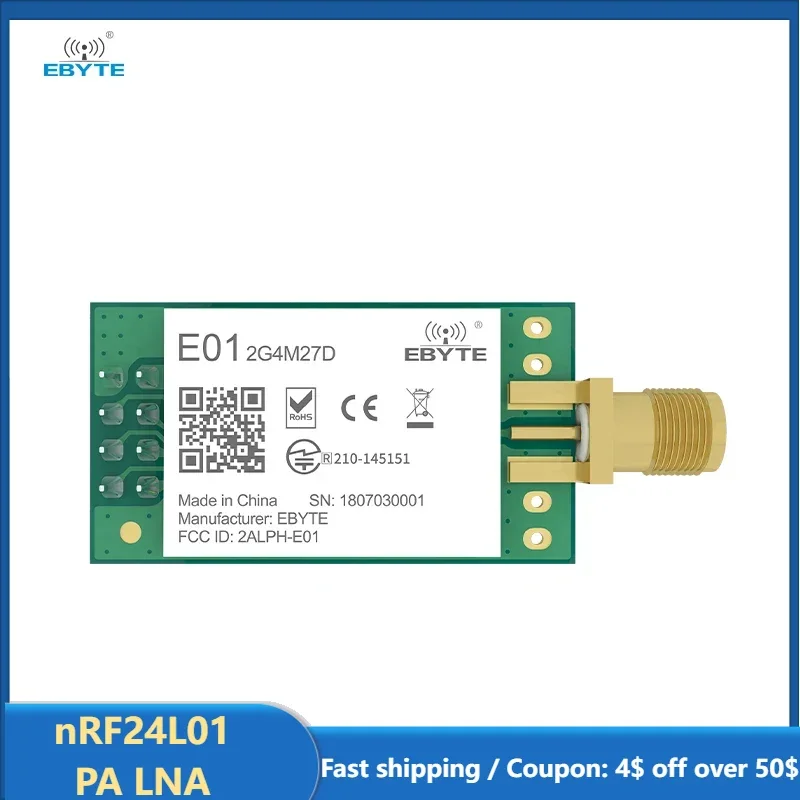 nRF24L01 PA LNA nRF24L01P 2.4GHz Module 27dBm Wireless Transceiver Module Long Distance Small Size for Smart Home E01-2G4M27D