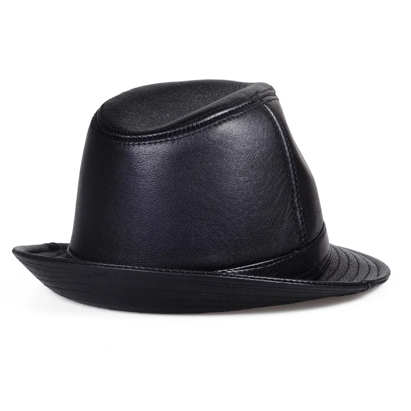 New In 2024 Men High Quality Genuine Leather Jazz Fedora Cap Gentleman Cow Skin Short Brim Black/Brown Top Hat Male Shows Topper