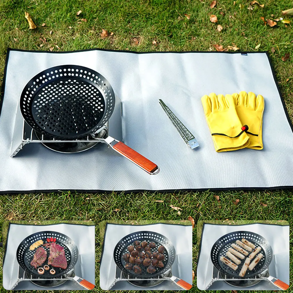 

Premium Round Grill Skillet Iron Bbq Tool Flat Base Even Heat Camping Frying Pan Multi-Function Roasting Plate Foldable