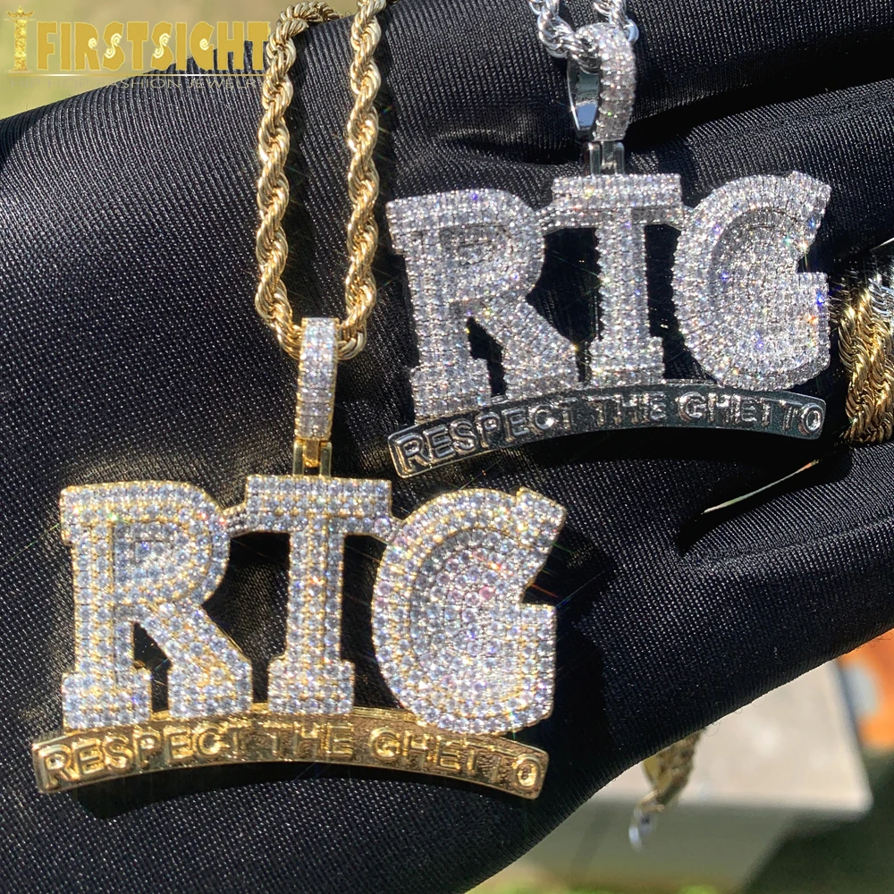 New Iced Out Bling CZ Letter RTG Pendant Necklace Cubic Zirconia RESPECT THE GHETTO Charm Men Women Fashion Hip Hop Jewelry