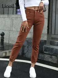 Liooil – pantalon en Denim pour femme, Streetwear, en coton, taille élastique, marron, avec poches, extensible, Sexy, nouvelle collection printemps