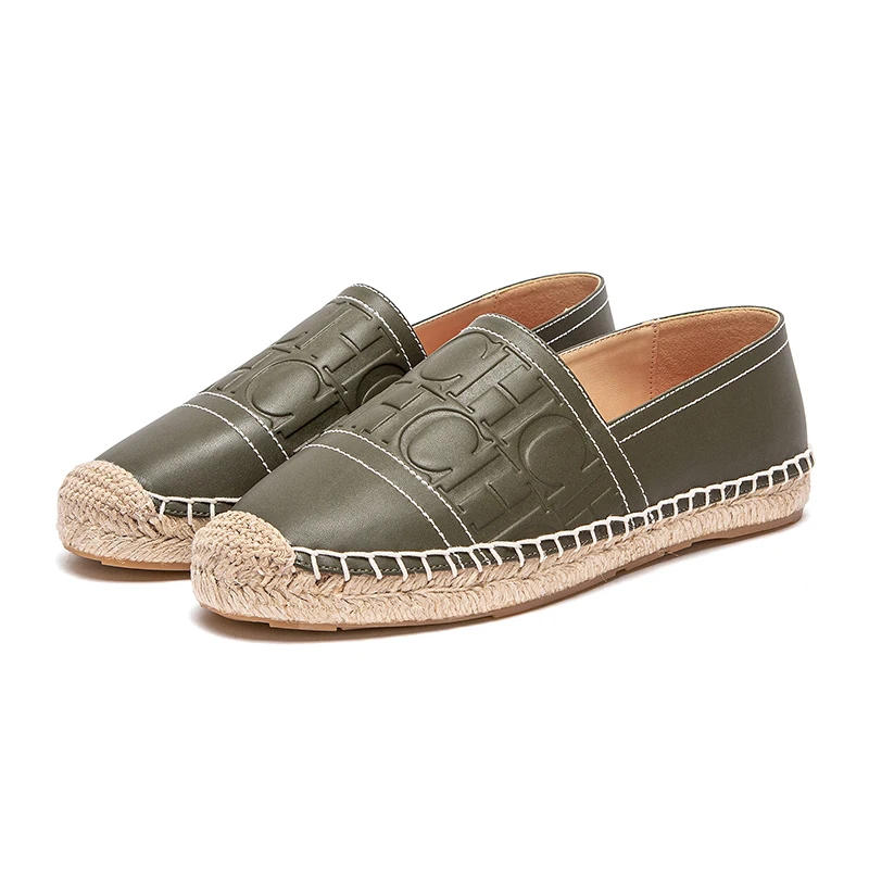 CH Olive Green Embossed Flats 2026 Comfort Slip on Loafers for Ladies Breathable Jute Sole Casual Shoes for Beach Daily Wear
