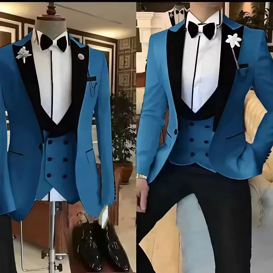 

3 Piece Suit Classic Men Suit Tuxedo Peak Lapel Groomsmen Wedding Suits Customized Set Fashion Men Business(Blaze+Vest+Pants)