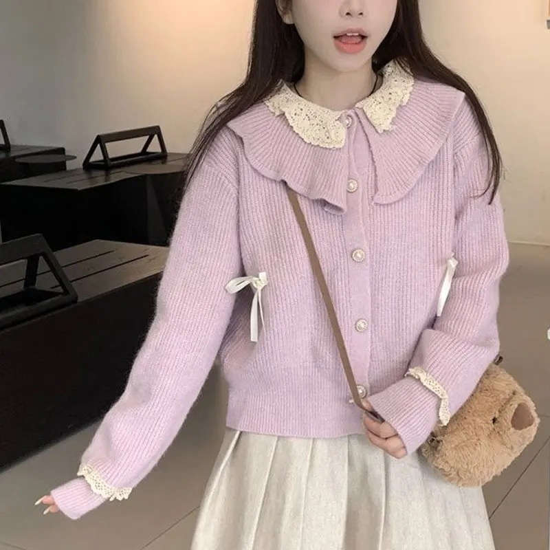 Sweet Doll Collar Lace Spliced Sweaters Autumn Winter New Fashion Bow Women\'s Clothing Long Sleeve Casual Loose Knitted Cardigan