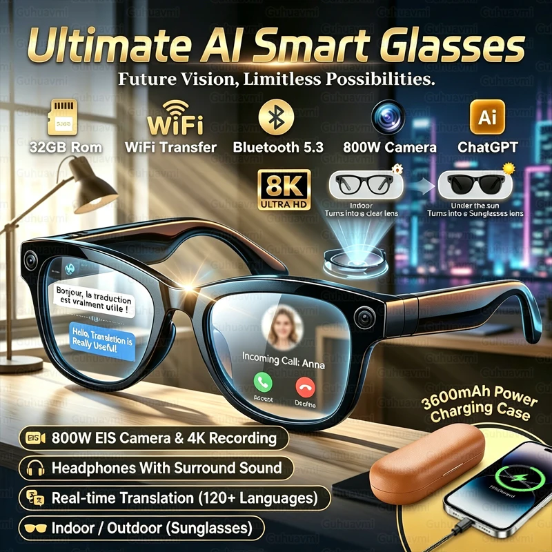 

AI Smart Glasses 800W HD Camera 4K Video 32GB Storage 120+ Language Translation 3600mAh Charging Case Bluetooth Call Sunglasses