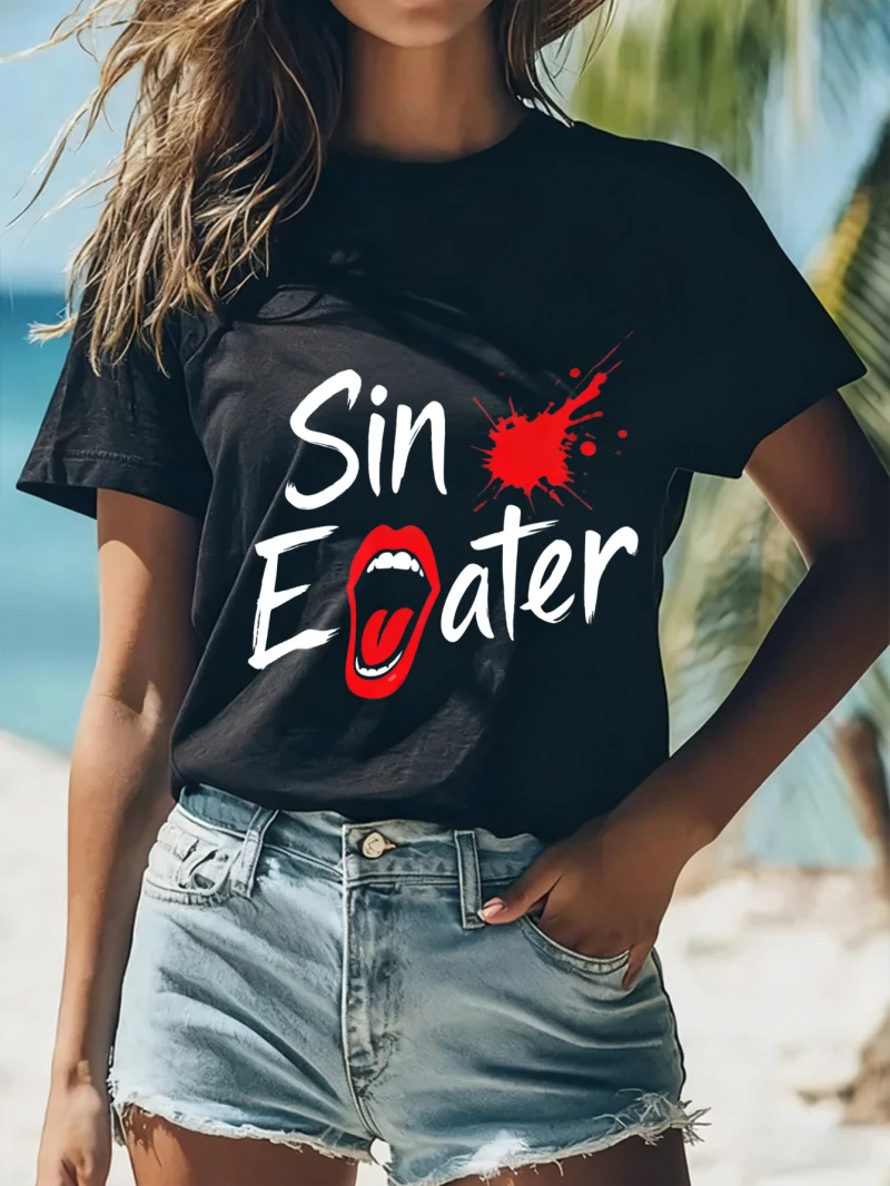 

Женская футболка с принтом Sin Eater, красная персонализированная футболка с граффити, круглый воротник, летний повседневный топ в стиле отпуска