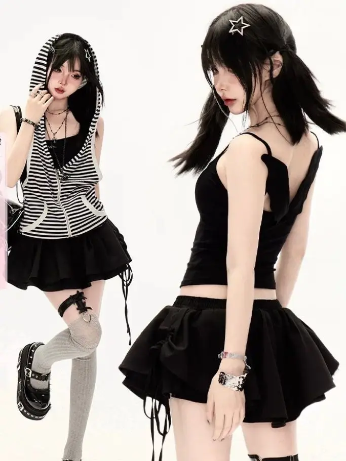 Subculture Striped 2 Piece Sets Sleeveless Hoodies Y2k Crop Top Women Tank Top Vest 2000s American Vintage T-shirts Chic Suits