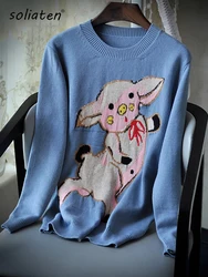 2024 New Runway Jacquard Pullover lavorato a maglia blu Cute Pig Pattern Sweet Fashion Jumper C-075