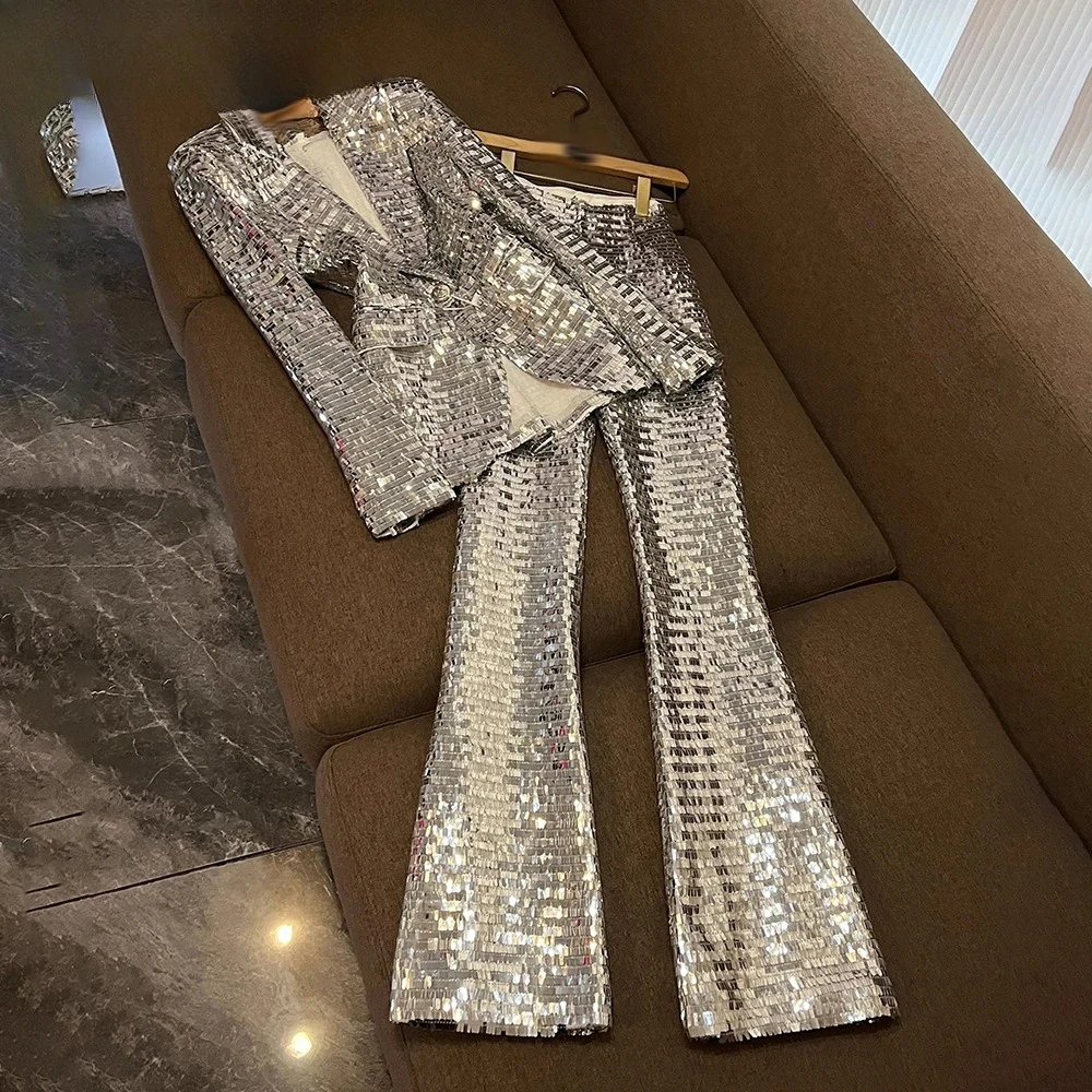 Elegant Set Female Fashion KSE527441 TWOTWINSTYLE Solid Sequin Two Piece Sets For Women Lapel Long Sleeveltop High Waist Pants