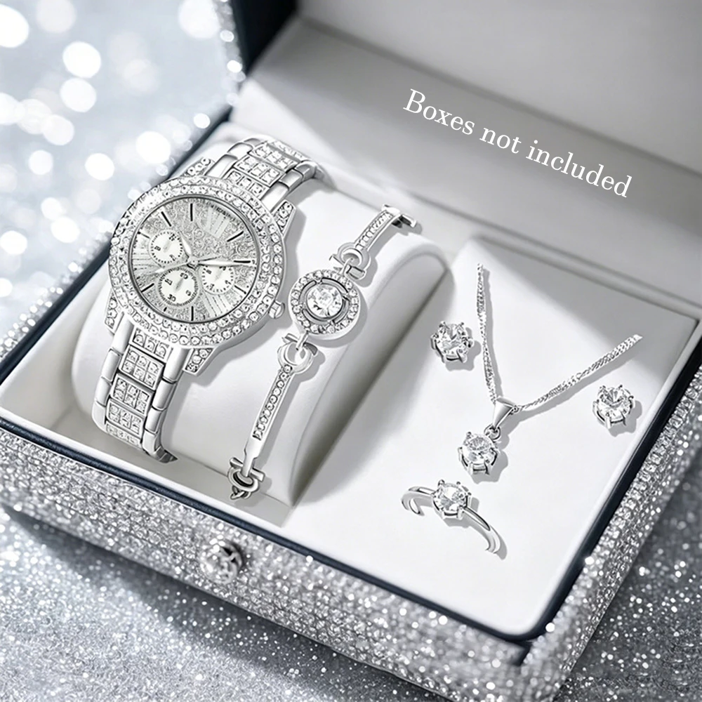 6Pcs Women Luxury Jewelry Set, Elegant Watch + Bracelet + Necklace + Earrings + Ring, Daily Wear