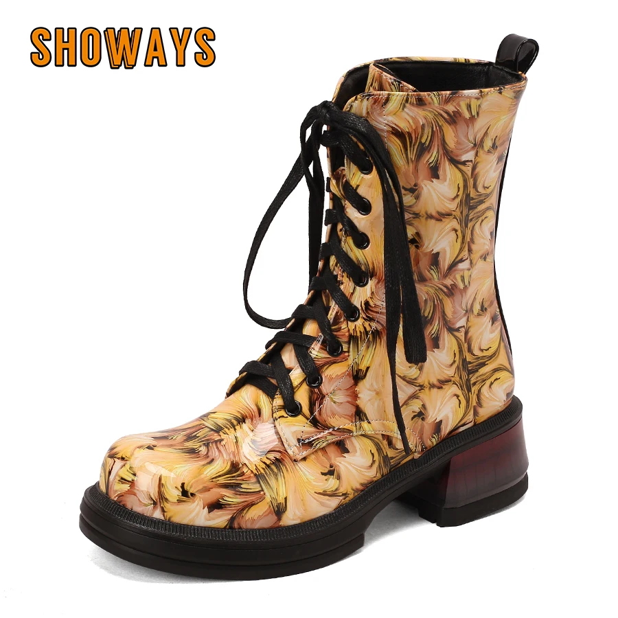 

Sleek Yellow Patent Leather Platform Ankle Boots Women High Square Heels Round Toe Retro Winter Ladies Lace-up Plush Ankle Boots