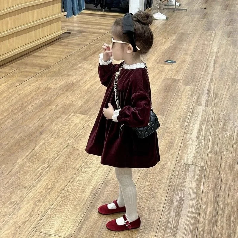Girls' 2025 New Arrival Spring/Autumn Chic Velvet Dress - Princess Style with Lace Collar & Long Sleeve for 4-12 Years Old