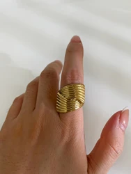 Peri'sbox Minimalist Gold Color Stripe Textured Opening Finger Rings for Women Stainless Steel Tarnish Free Popular Jewelry Gift