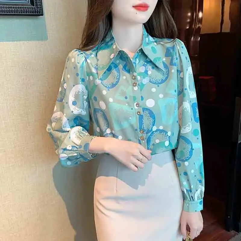Casual Korean Women's Printed Long Sleeve Blouse Autumn Fashion All-match Turn-down Collar Button Spliced Shirt Female Clothing