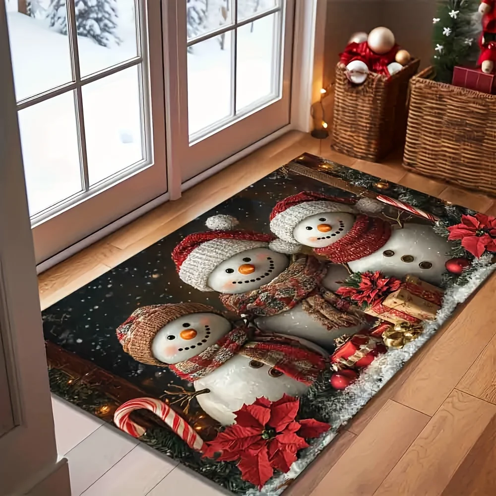 

Festive Snowmen Welcome Doormat - Non-Slip, Washable Christmas Decorative Floor Mat with Poinsettias and Gifts Design