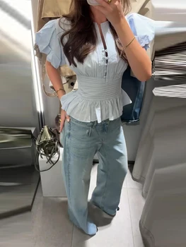 Casual Ruffle Hem Blouse Ruff Short Sleeve Single Breasted O-neck Waisted Women Shirt Chic All-match 2026 Spring Summer Lady Top 4