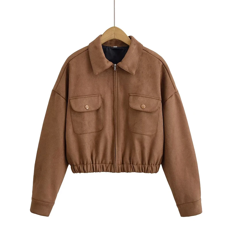 

YENKYE Women Solid Casual Loose Faux Suede Jacket Long Sleeve Lapel Collar With Pockets Crop Outerwear Spring Autumn Coat