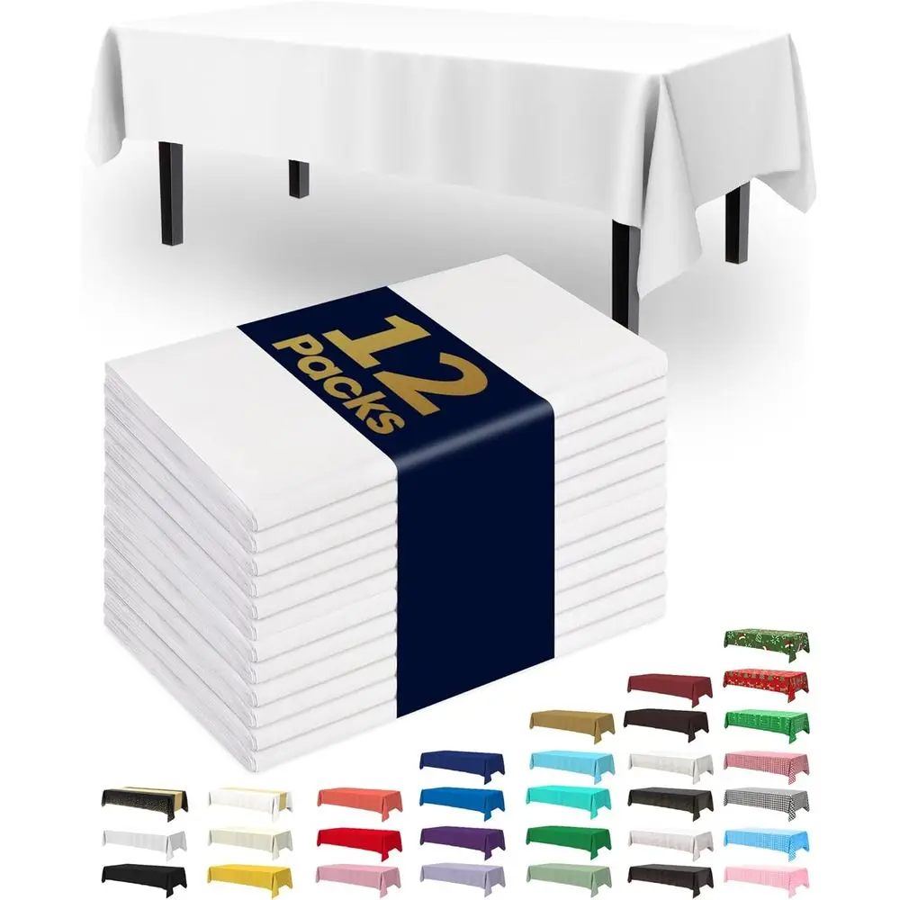 

12 Pack Disposable Plastic Table Covers, 54x108 Inches, White, Ideal for Parties, Picnics, Weddings