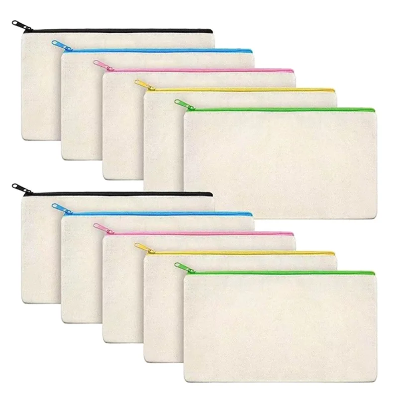 10Pcs Blank Canvas Zipper Pouch for DIY Craft,Makeup Bags/Small Pencil Pouch with Color Zipper Multi-Purpose Travel Bags