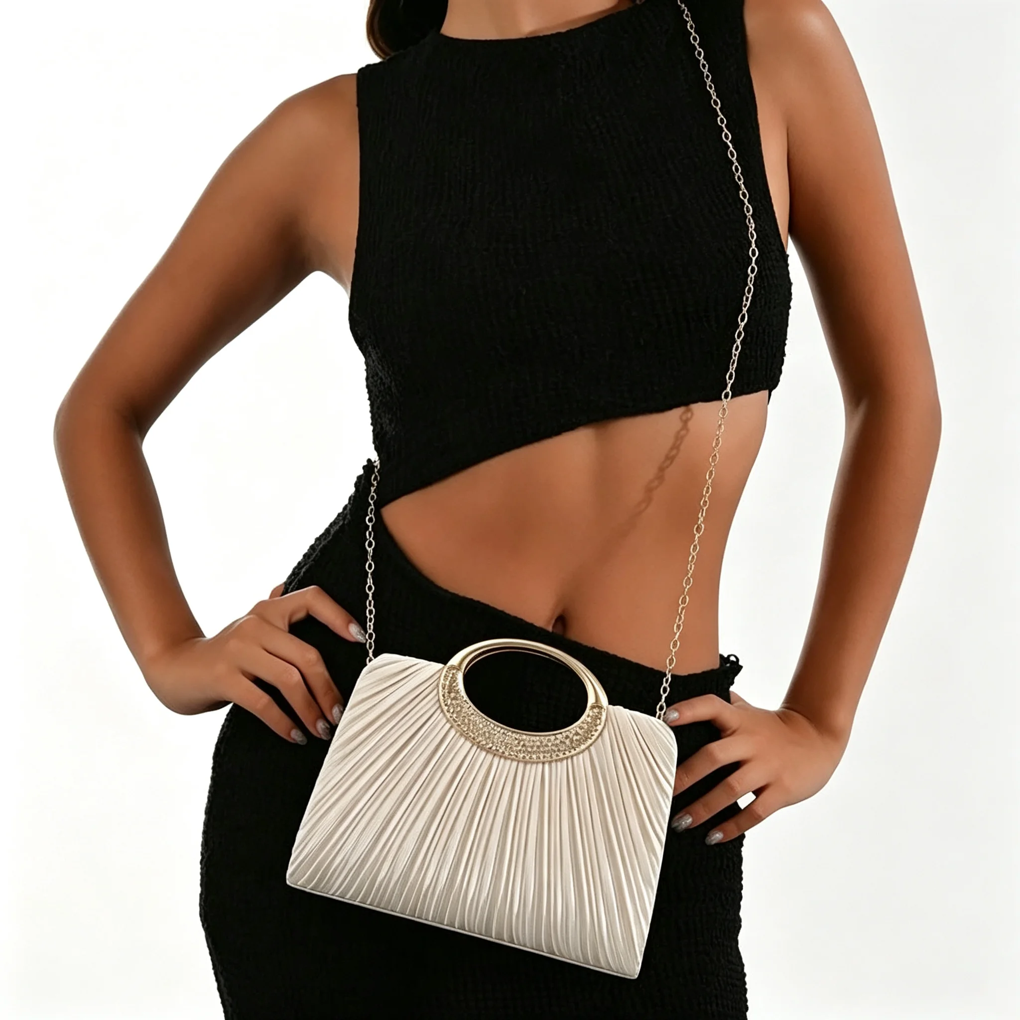 Women Pleated Evening Bag Rhinestone Metal Ring Handle Clutch Purse Removable Chain Shoulder Crossbody Handbag For Wedding Party Prom view 8