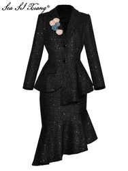 Seasixiang Tweed Asymmetric Suit Women's Long Sleeves Appliques Jacket+Slim Skirt Outerwear 2-Piece Set Autumn Winter Fashion